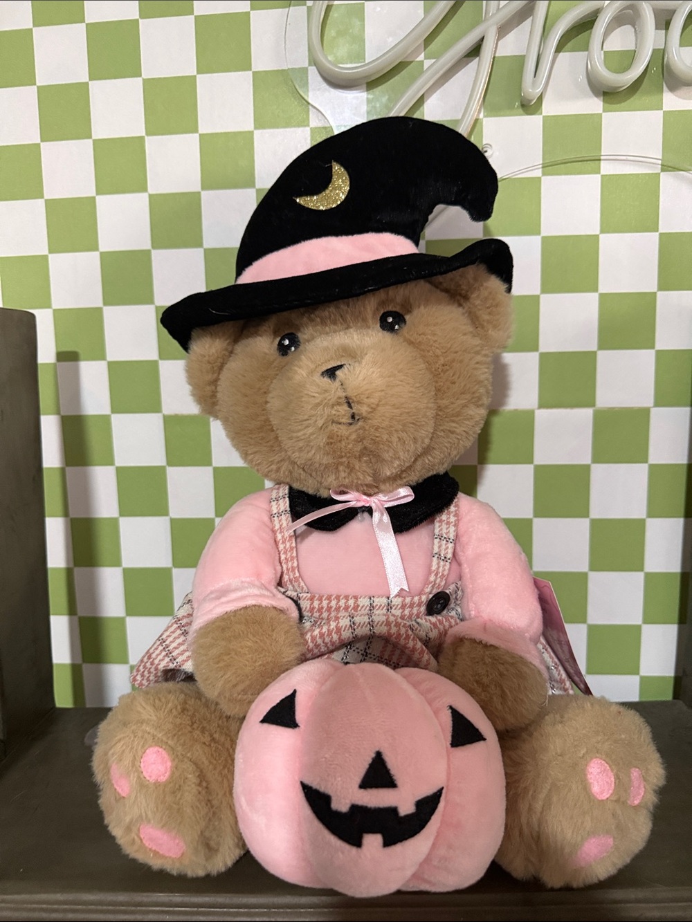Halloween Teddy Bear in Pink Witch Costume with Pumpkin